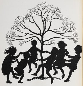 Silhouette of children dancing around a tree by Arthur Rackham