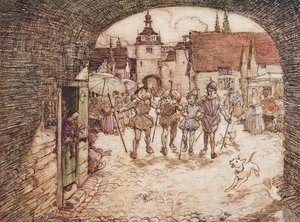 So the four Brothers took their sticks in their hands, bade their Father good-bye, and pass out of the town gate by Arthur Rackham