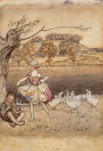Tattercoats dancing while the gooseherd pipes (illustration from English Fairy Tales, retold by F.A. Steel, published 1918)