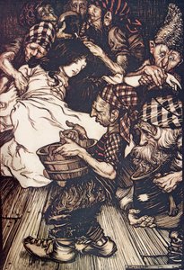The Dwarfs, when they came in the evening found Snowdrop lying on the ground