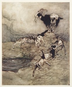The Seven Kids and their mother capered and danced round the spring in their joy by Arthur Rackham