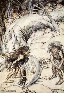 The dwarves quarrelling over the body of Fafner, 1924