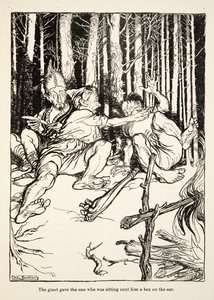 The giant gave the one who was sitting next to him a box on the ear, from Little Brother & Little Sister and Other Tales by the Brothers Grimm, pub.1917 by Arthur Rackham