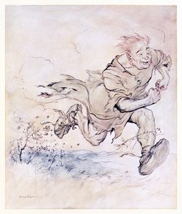 The thumping of his big boots grew as continuous as the pattering of hailstones on a roof, and the wind of his passage blew trees down. from The Carl of the Drab Coat in Irish Fairy Tales