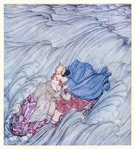 The waves of all the worlds seemed to whirl past them in one huge green carpet from Becuma of the White Skin in Irish Fairy Tales by Arthur Rackham