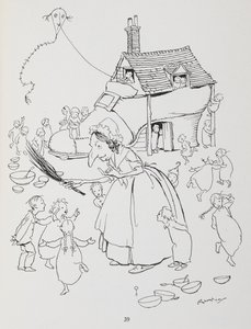 There was an old lady who lived in a shoe. Woman with a shoe-house and lots of children by Arthur Rackham