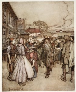They crowded round him, eyeing him from head to foot with great curiosity, from Rip Van Winkle by Washington Irving by Arthur Rackham