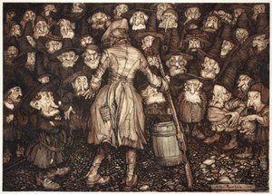 They stared at him with such fixed, statue-like gaze, that his heart turned within him and his knees smote together., from Rip Van Winkle by Washington Irving, pub. 1910 by Arthur Rackham
