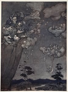 They were ruled by an old squaw spirit who hung up the new moons in the skies and cut up the old ones into stars, from Rip Van Winkle by Washington Irving by Arthur Rackham