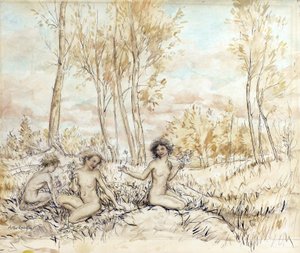 Three Wood Nymphs Gathering Flowers by Arthur Rackham