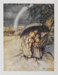 Three Children Sheltering Under an Umbrella with a Rainbow. 