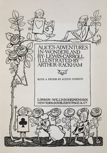Title page with a rose bush, the White Rabbit and men dressed as cards by Arthur Rackham