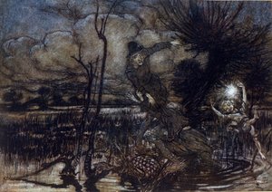 Two characters fail to drown in the swamp, Puck helps them with a fire. Illustration by Arthur Rackham for The Dream of a Summer Night by William Shakespeare by Arthur Rackham