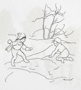 Two children having a snowball fight by Arthur Rackham