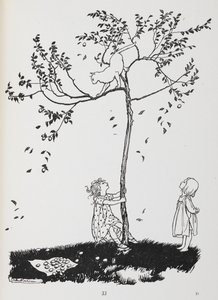 Two Children Try to Get a Cat Down from a Tree. by Arthur Rackham