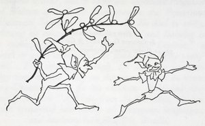 Two Elves Playing, One Carrying a Sprig of Mistletoe by Arthur Rackham