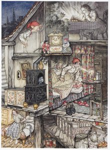 When night was come and the shop shut up. A family at night in their home. A man reading in the attic reading. An elf looking through a keyhole. Two people, the parents in bed. A young girl sitting on her bed