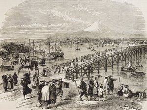 Japan (19th century). City of Edo, crossed by Toniak river (engraving)