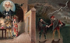 Rigoletto employs Sparafucile to murder Duke - Act 3 scene 4 from opera Rigoletto by Giuseppe Verdi