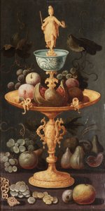 Grapes, Plums and a Pomegranate on a Golden Tazza Surmounted by a Personification of Painting, with Figs, Grapes, Apples, a Gold Chain and Spanish Pieces of Eight on a Stone Ledge