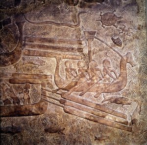 Naval expedition: transport of wood from Lebanon along the Phenician coast. A representation of a Phenician vessel with a single row of rowers. Bas-relief of Khorsabad, 8th century BC. Neo-Assyrian period, Mesopotamia. Louvre Museum