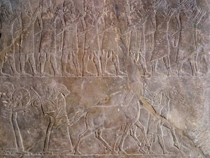 Oriental Antiquities: Detail of a Bas-Relief in Limestone: The Musicians of the Armour of Ashurbanipal, King of Assyria. 640 BC. From Nineveh. Paris, Louvre Museum by Assyrian