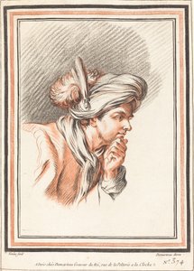 Head of a Man Wearing a Plumed Turban by Atelier of Gilles Demarteau the Elder after Carle Van Loo