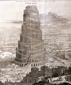 The Tower of Babel. Reconstruction by Athanasius Kirche in his work "Turris Babel" about this tower and the history of early humanity by Athanasius Kircher