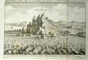 View of the rocks of Charybdis and Scylla in the Strait of Messina, Sicily. Engraving from 