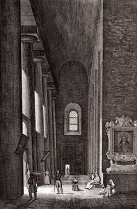Side aisle of Cathedral of Nativita di Maria Santissima in Syracuse, Sicily, Italy, copper engraving by Attilio Zuccagni Orlandini
