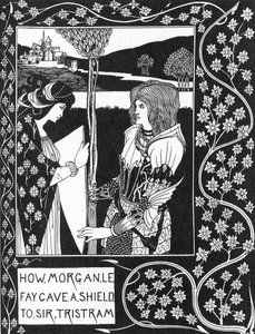 Arthurian Legend: The fairy Morgane gives a shield to Tristan. Engraving in The story of Tristan and his adventures, which includes his love story with Isolde. The Morte of Arthur by Sir Thomas Malory, edition illustrated by Aubrey Beardsley by Aubrey Beardsley