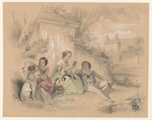 Three Children in a Castle Garden, Reading and Playing with Dogs by August Allebe