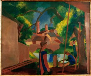 Children at the Fountain with City in the Background by August Macke