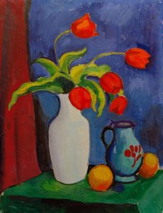 Red Tulips in White Vase by August Macke