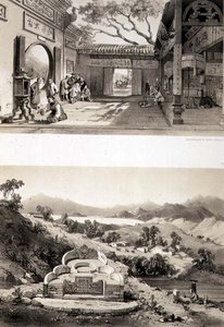 Interior View of the Great Temple at Macao and a Tomb and Village between the Bays of Hong Kong and Cowloon, Plates 8 and 7 from 