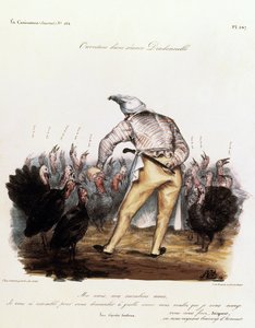 Louis Philippe with a night cap on his head, surrounded by turkeys