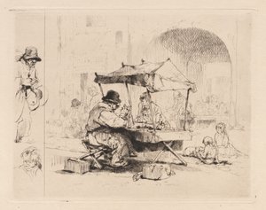 Merchant in his Stall with Children Playing