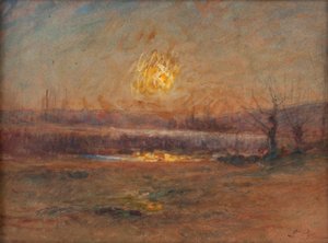 Sunset on the pond in the countryside by Auguste Francois Ravier