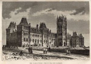 The Palace of Parliament in Ottawa, engraved after a drawing by A. Deroy, illustrating an excursion to Canada and the Red River of the North by H. De Lamotte, published in 