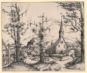 Church by a Stream, Spanned by a Covered Bridge by Augustin Hirschvogel