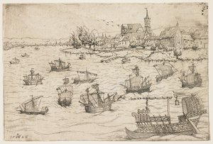 Jonah and the Whale on a Lake with Sailing Vessels by Augustin Hirschvogel