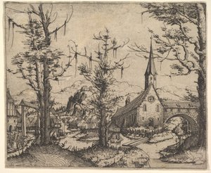 Landscape with Four Trees and a Church at Right by Augustin Hirschvogel