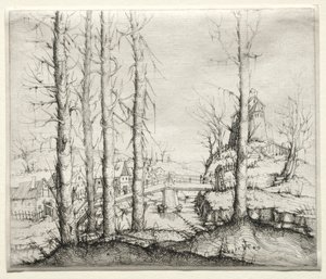 River Landscape with Five Bare Spruce Trees in the Foreground, 1549