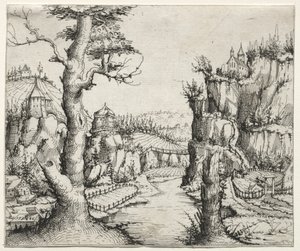 River Landscape with Rocks at Left and Right by Augustin Hirschvogel