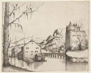 River Landscape with Two Buildings Connected by a Bridge