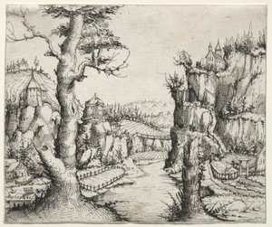 River Landscape with Rocks at Left and Right by Augustin Hirschvogel
