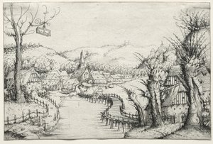 River Landscape with Three Bare Willow-Trees at Right and a Long Winding Wooden Bridge at Centre Leading to a Village by Augustin Hirschvogel