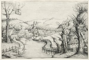 River Landscape with Three Bare Willow-Trees and a Long Winding Wooden Bridge