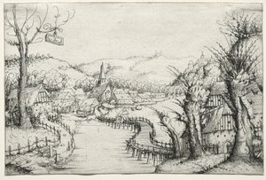 River Landscape with three bare willow-trees at right and a long winding wooden bridge, 1546 by Augustin Hirschvogel