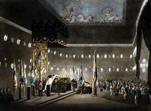 Remains of Lord Viscount Nelson Laying in State in the Painted Chamber at Greenwich Hospital (engraved by J. Merigot) by Augustus Charles (after) Pugin